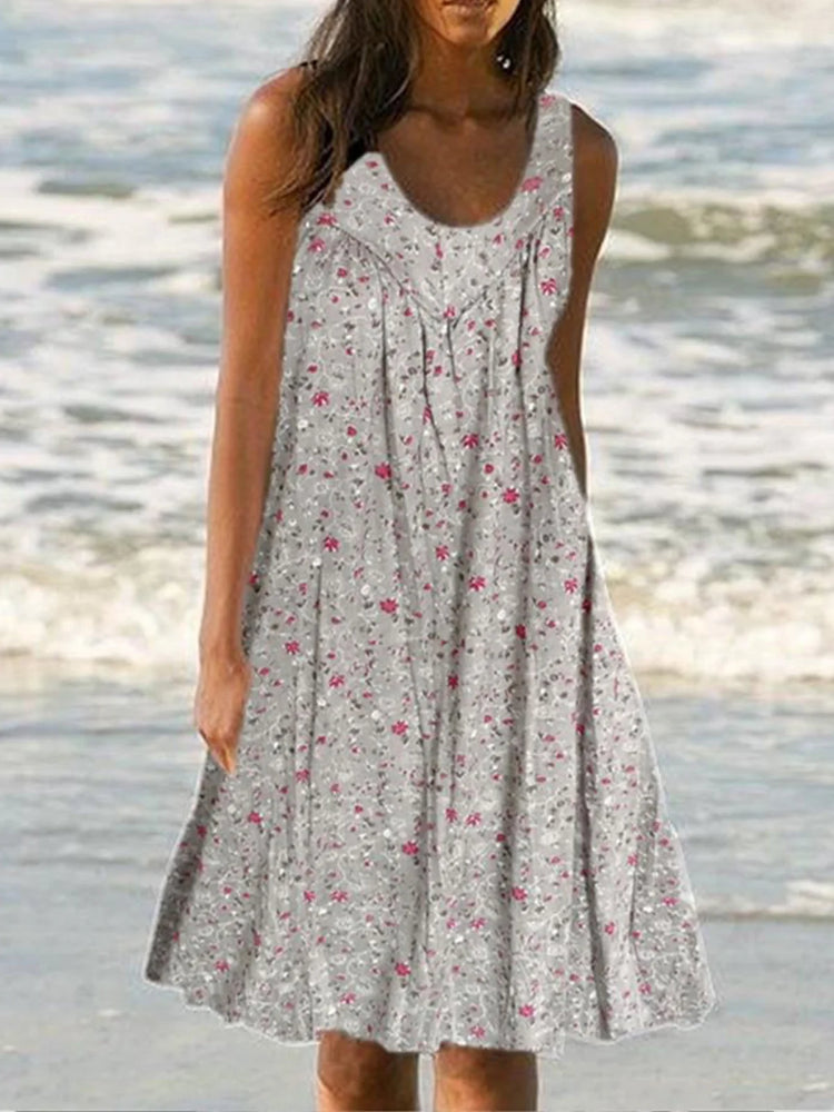 Plus Size Floral Print Beach Women Summer Midi Dresses-serendiple.com