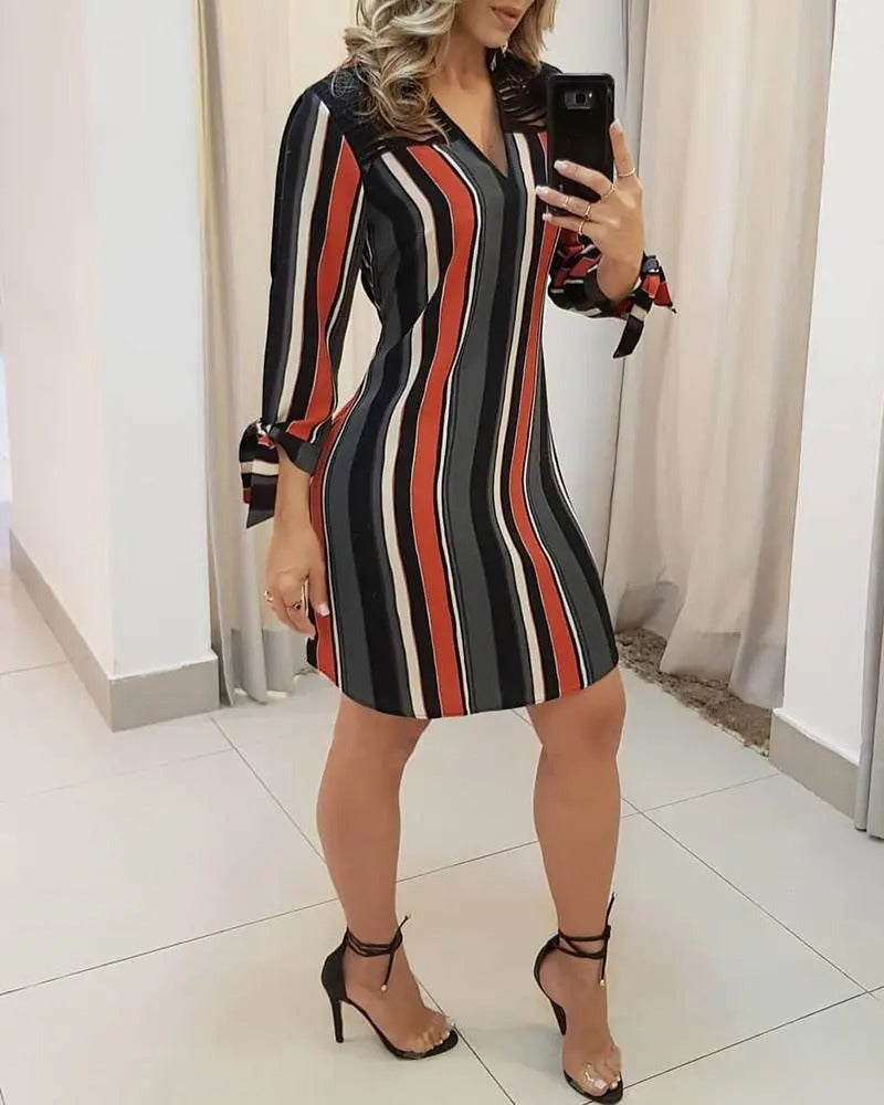 Striped Tassels Insert Tie Sleeve Shirt Dress-serendiple.com