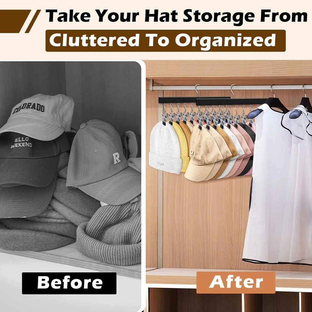 2 Pack Wooden Hat Organizer with 12 Stainless Steel Clips Holds Baseball Basketball Golf Caps Jeans & Yoga Pants Fits All Cap Sizes Black hanger