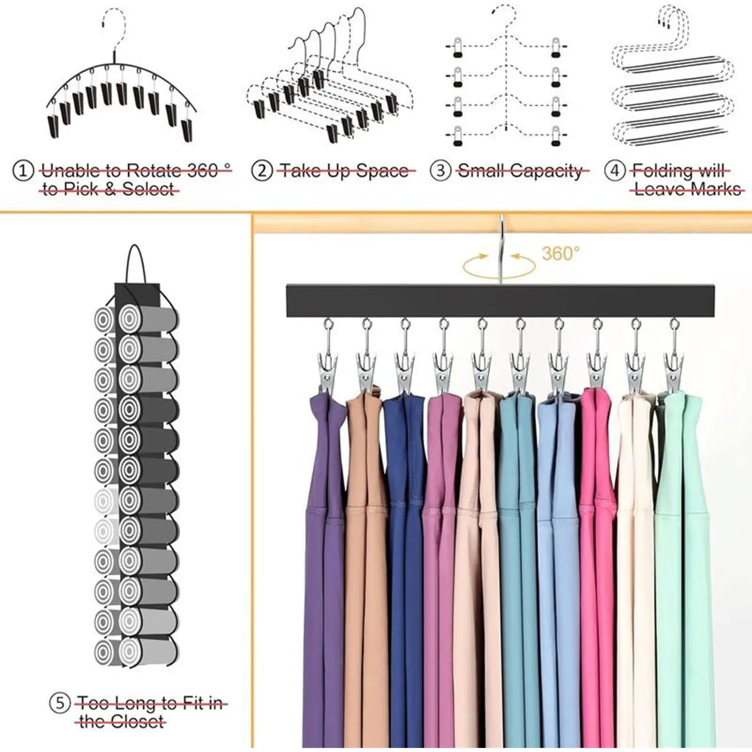 2 Pack Wooden Hat Organizer with 12 Stainless Steel Clips Holds Baseball Basketball Golf Caps Jeans & Yoga Pants Fits All Cap Sizes Black hanger
