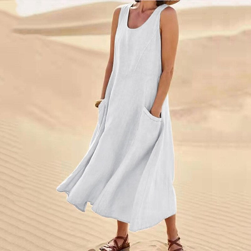 Women's Sleeveless Cotton And Linen Dress-serendiple.com