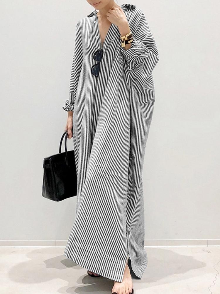 Puff Sleeve Stripe Printed Casual Maxi Dress-serendiple.com