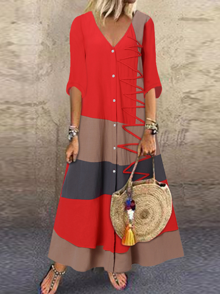 Loose V-Neck Cotton Dress SKUI33348-serendiple.com