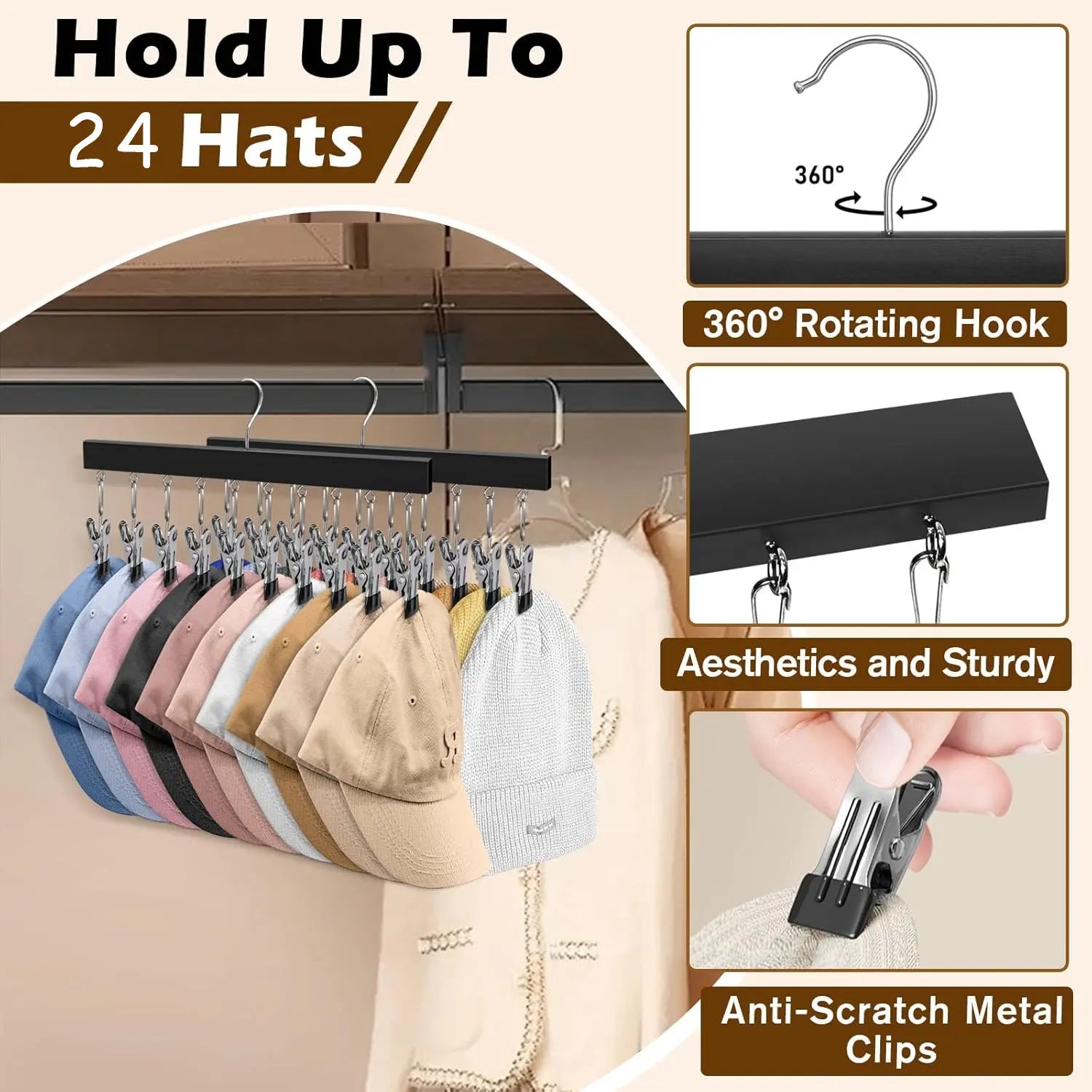 2 Pack Wooden Hat Organizer with 12 Stainless Steel Clips Holds Baseball Basketball Golf Caps Jeans & Yoga Pants Fits All Cap Sizes Black hanger