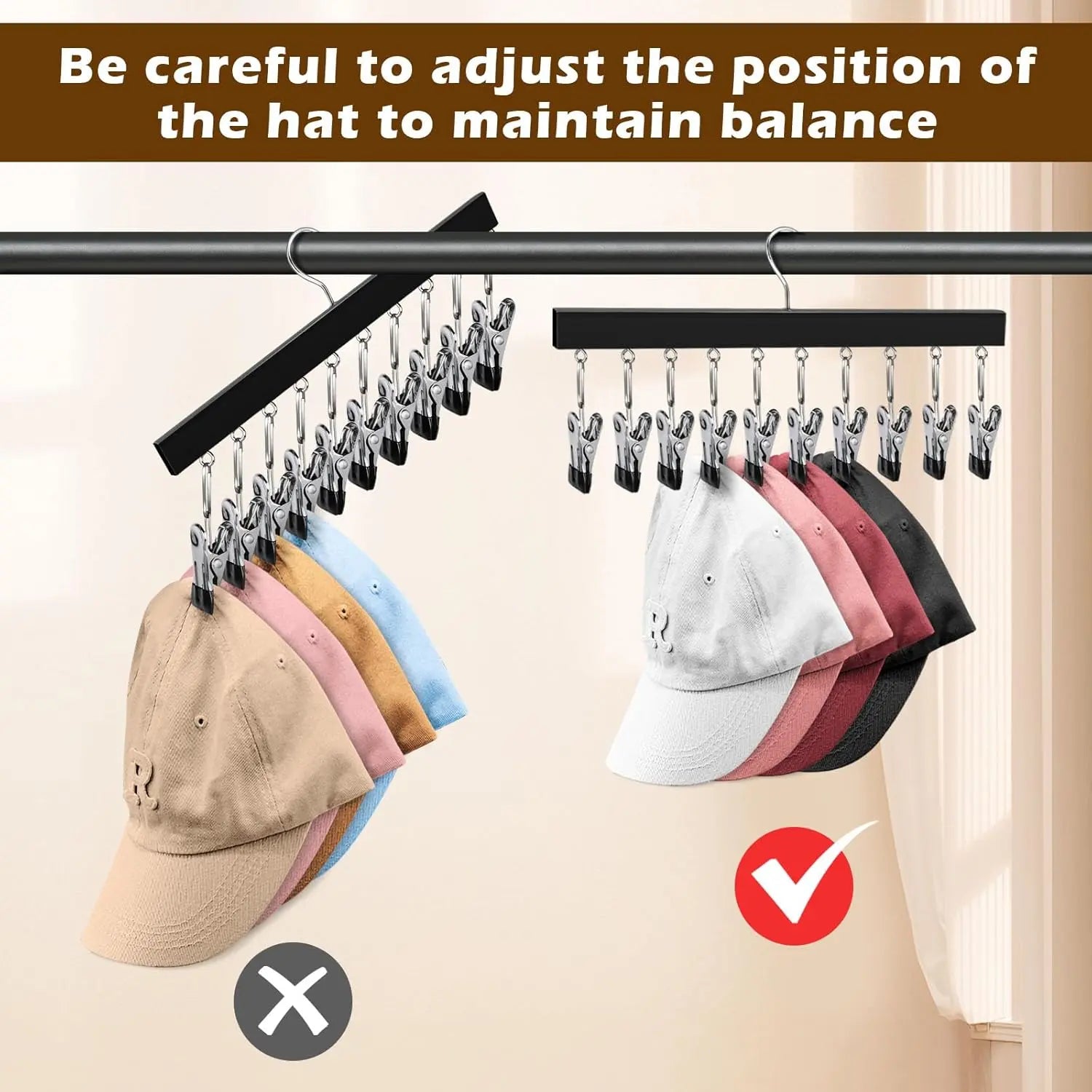 2 Pack Wooden Hat Organizer with 12 Stainless Steel Clips Holds Baseball Basketball Golf Caps Jeans & Yoga Pants Fits All Cap Sizes Black hanger
