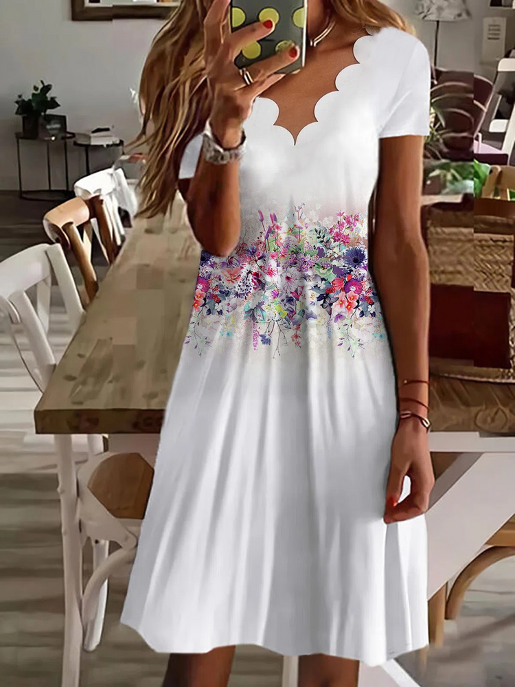 Scallop Neck Floral Vacation Midi Dresses-serendiple.com