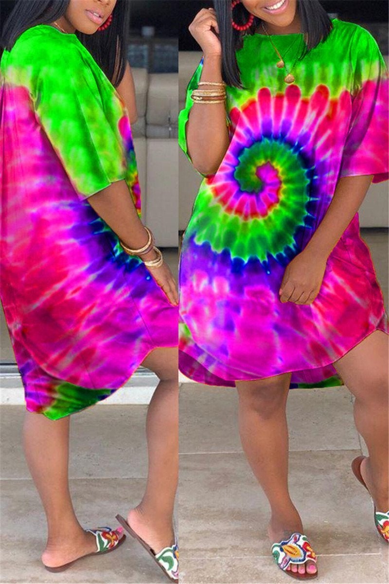 Plus Size Tie Dye Pocket Casual Dress-serendiple.com