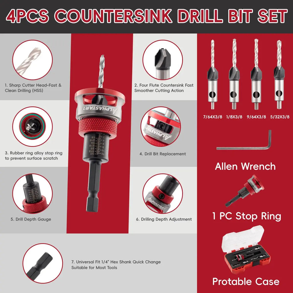 🔥Countersink Drill Bit Set with Depth Stop 4PCS, HCS Four Blades🛠️