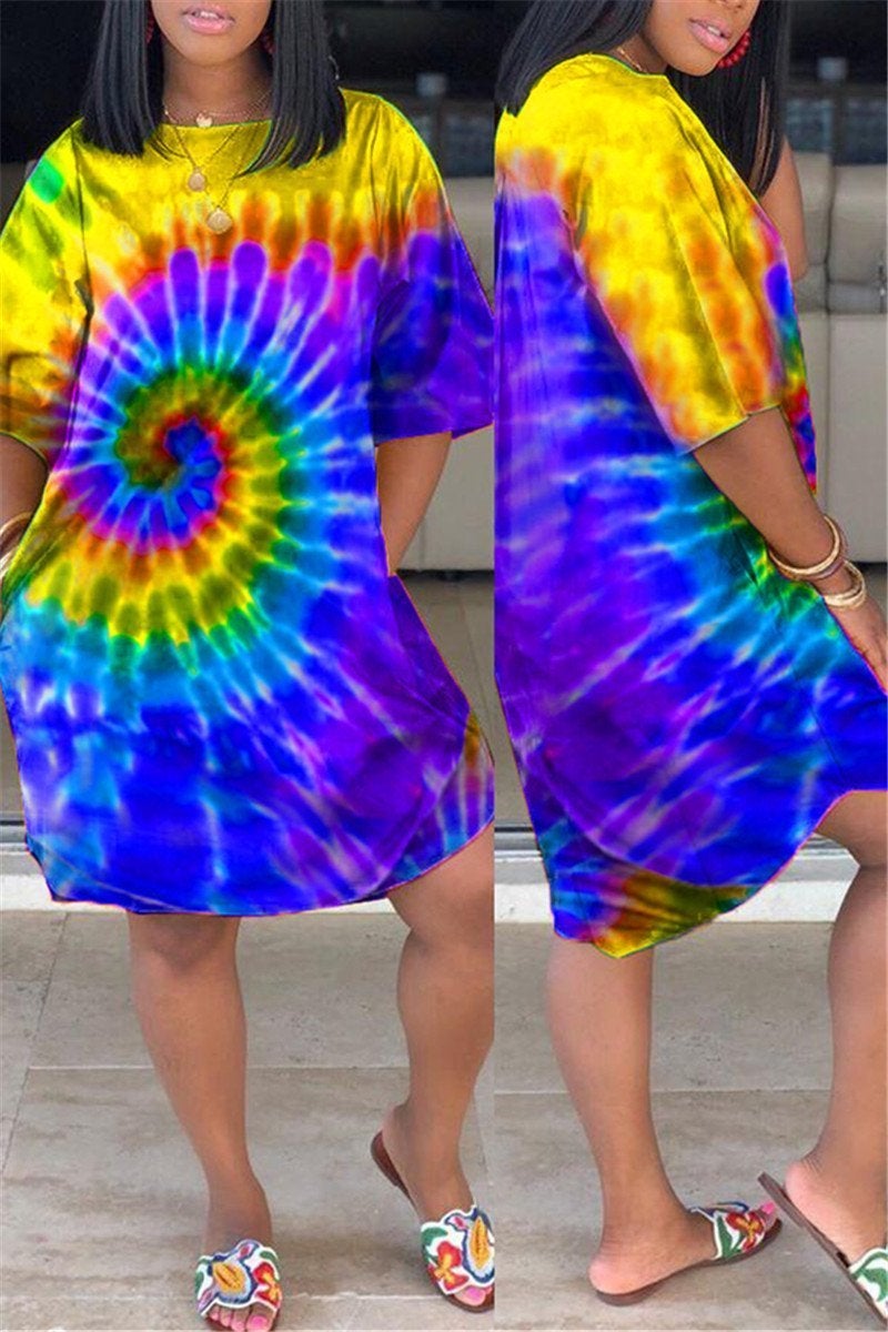 Plus Size Tie Dye Pocket Casual Dress-serendiple.com