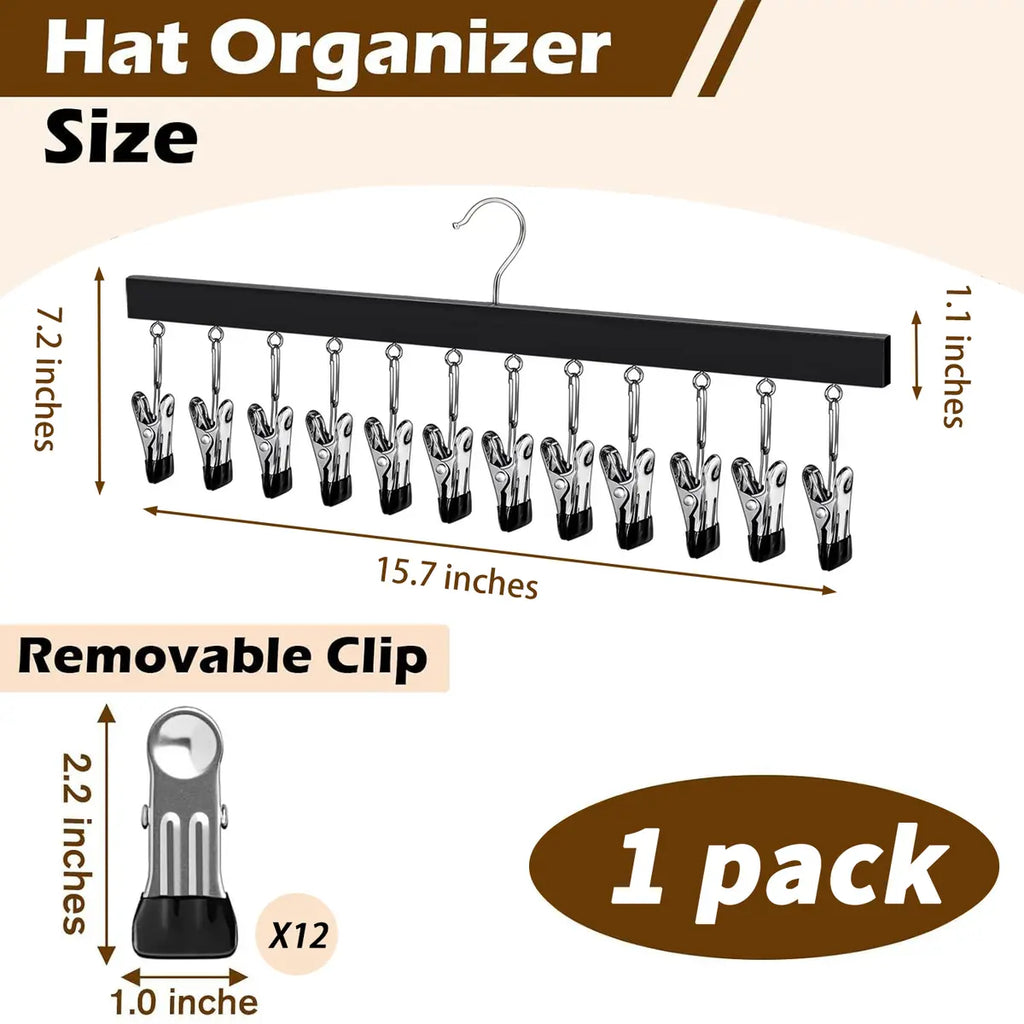 2 Pack Wooden Hat Organizer with 12 Stainless Steel Clips Holds Baseball Basketball Golf Caps Jeans & Yoga Pants Fits All Cap Sizes Black hanger