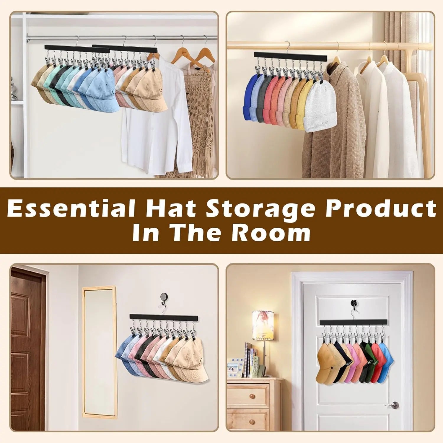 2 Pack Wooden Hat Organizer with 12 Stainless Steel Clips Holds Baseball Basketball Golf Caps Jeans & Yoga Pants Fits All Cap Sizes Black hanger