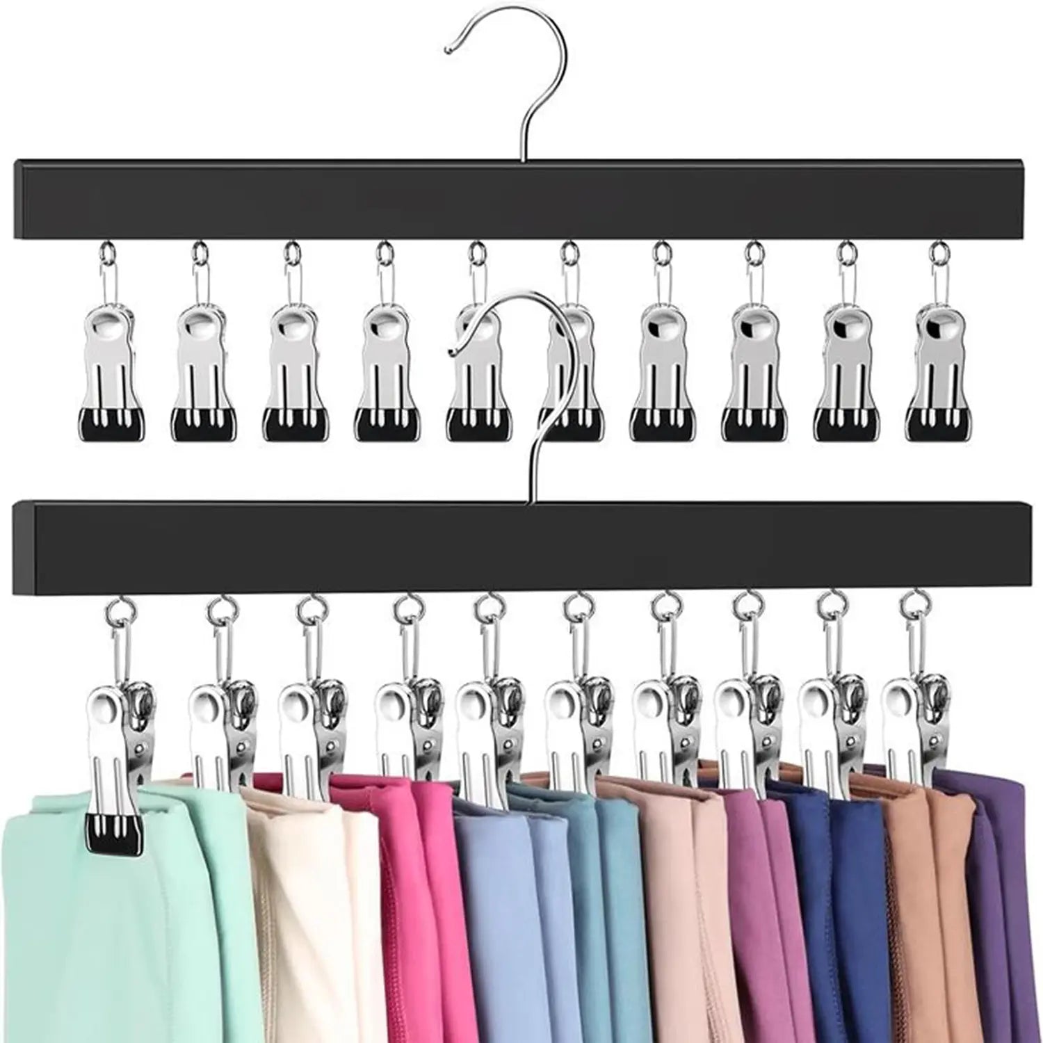 2 Pack Wooden Hat Organizer with 12 Stainless Steel Clips Holds Baseball Basketball Golf Caps Jeans & Yoga Pants Fits All Cap Sizes Black hanger