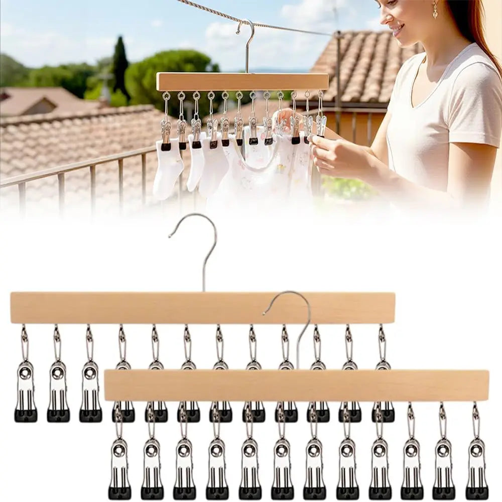 2 Pack Wooden Hat Organizer with 12 Stainless Steel Clips Holds Baseball Basketball Golf Caps Jeans & Yoga Pants Fits All Cap Sizes Black hanger