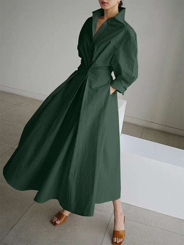 Women's Solid Pocket Button Lapel Long Sleeve Maxi Shirt Casual Dress-serendiple.com