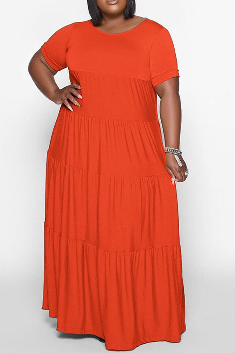 Plus Size Ruffle Round Neck Ruched Maxi Dress-serendiple.com