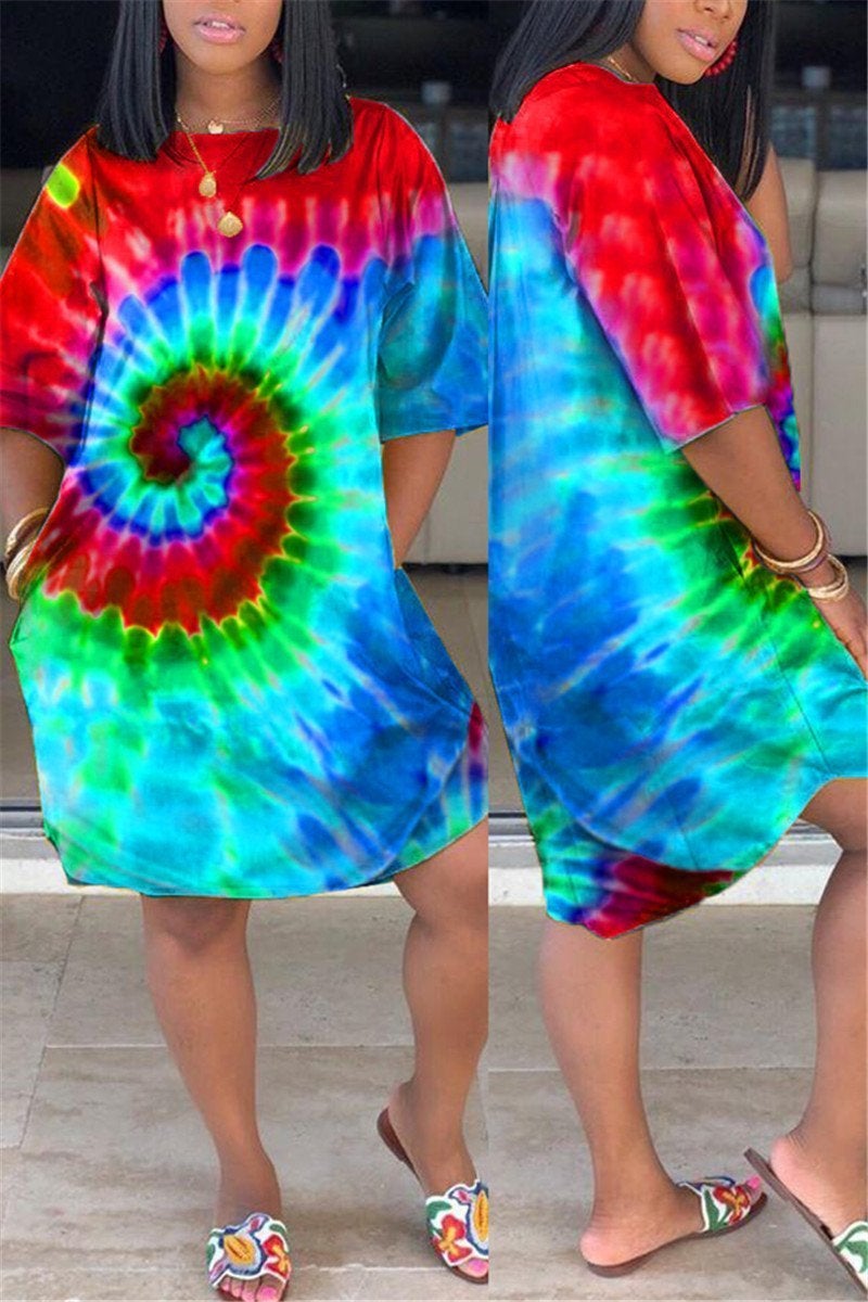 Plus Size Tie Dye Pocket Casual Dress-serendiple.com
