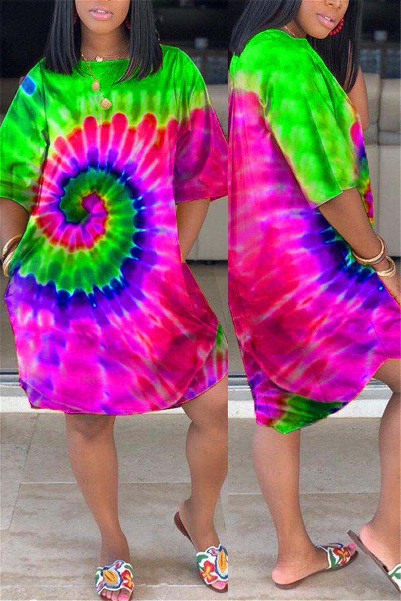 Plus Size Tie Dye Pocket Casual Dress-serendiple.com