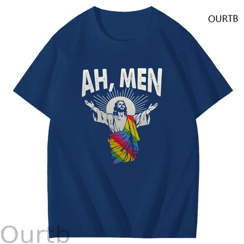 Ah Men Rainbow Jessus Faith Funny Art Pattern Print T-Shirt