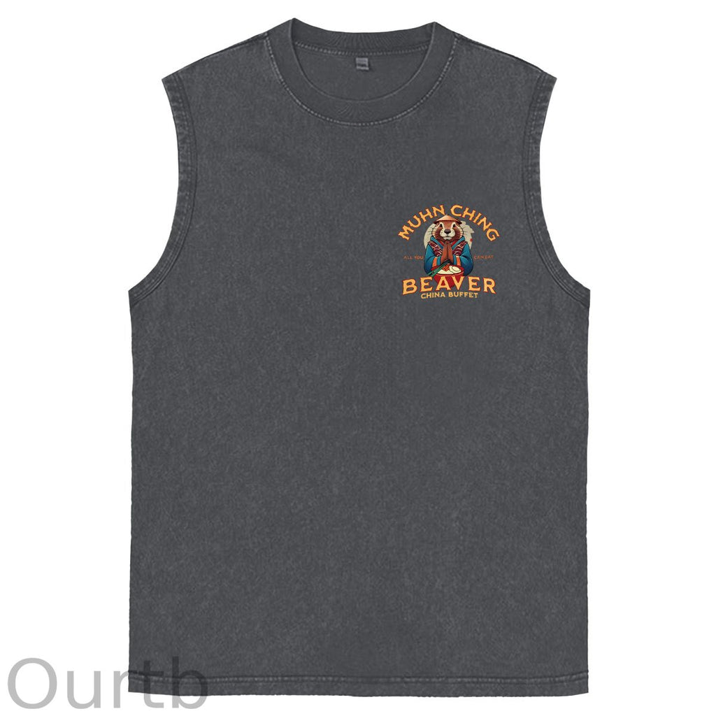 Muhn Ching All You Can Eat Beaver China Buffet Art Print Cotton Sleeveless Tank Tops