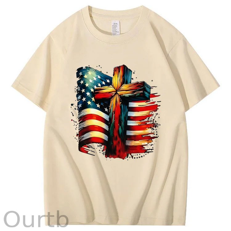 American Flag And Cross Pattern Print 100%Cotton T-Shirt