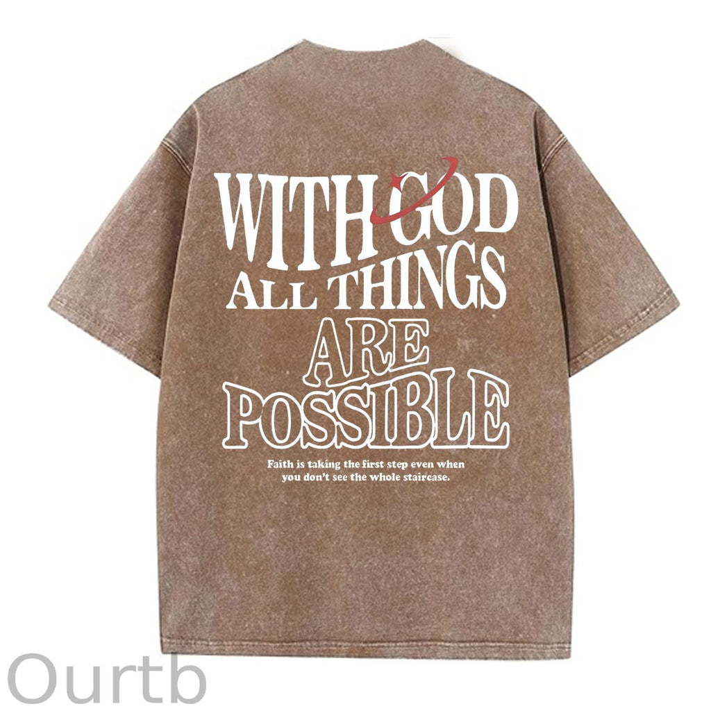 White God All Things Are Possible  Washed And Distressed Pattern Crew Neck T-Shirt