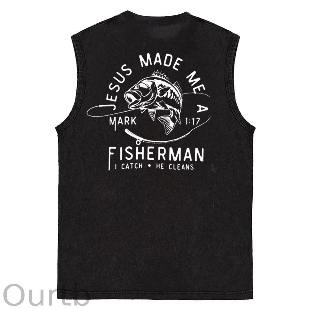 Jesus Made Me A Fisherman  Pattern Sleeveless Cotton Washed Printed Loose Vest