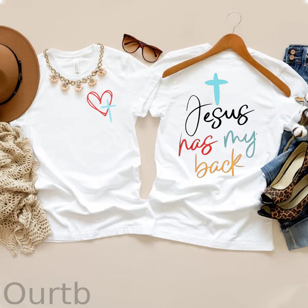 Women's Jesus Has My Back Pattern Round-Neck T-Shirt