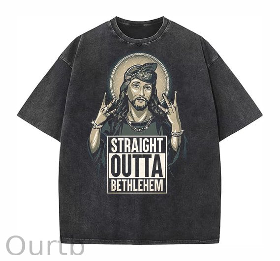 Straight Outta Bethlehem Funny Easter Jesus Christ Washed And Distressed Craft Pint Pattern Crew Neck T-Shirt
