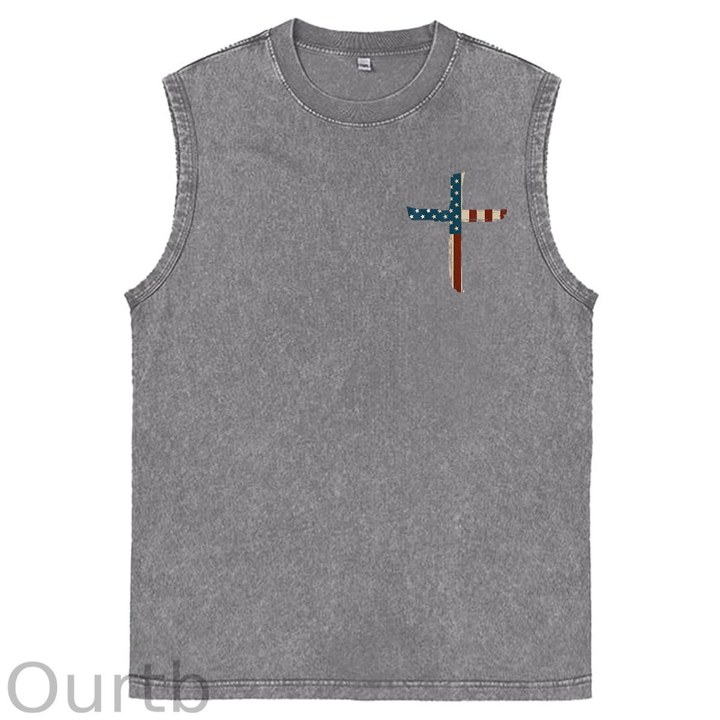 Stand For The Flag Kneel For The Cross 4th Of July Print Washed Cotton Sleeveless Tank Tops