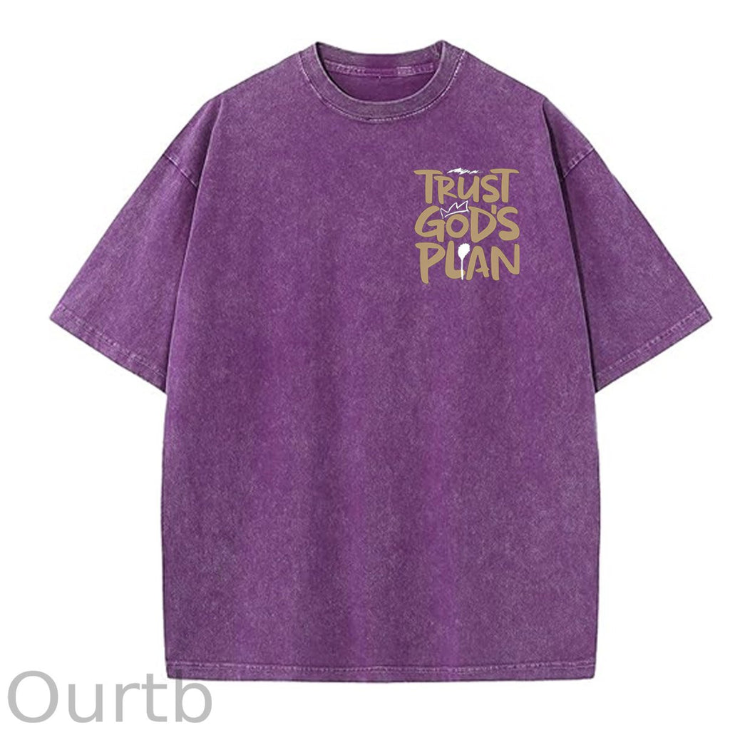 Trust God's Plan Pattern Washing And Aging Process Crew Neck T-Shirt