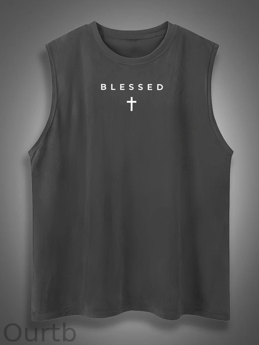 Cross Blessed Print Cotton Sleeveless Tank Tops