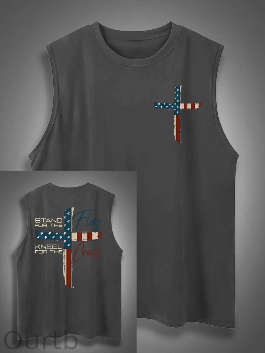 Stand For The Flag Kneel For The Cross 4th Of July Print Cotton Sleeveless Tank Tops