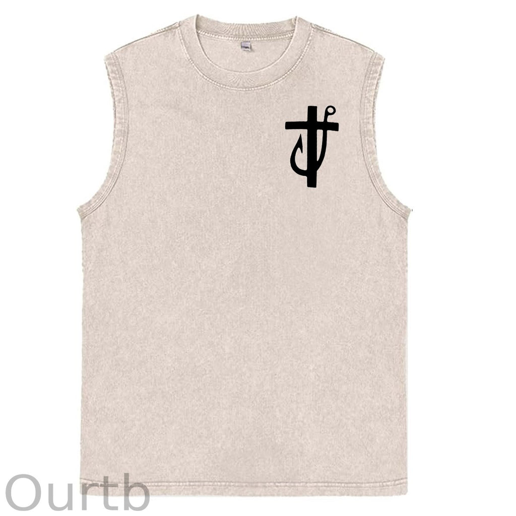 Jesus Made Me A Fisherman  Pattern Sleeveless Cotton Washed Printed Loose Vest