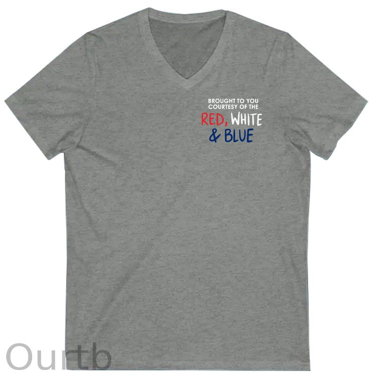 Red White &Blue Pattern Print 100%Cotton V Neck T-Shirt