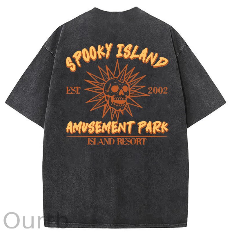 Spooky Island Cartoon Halloween Washed Cotton T-Shirt