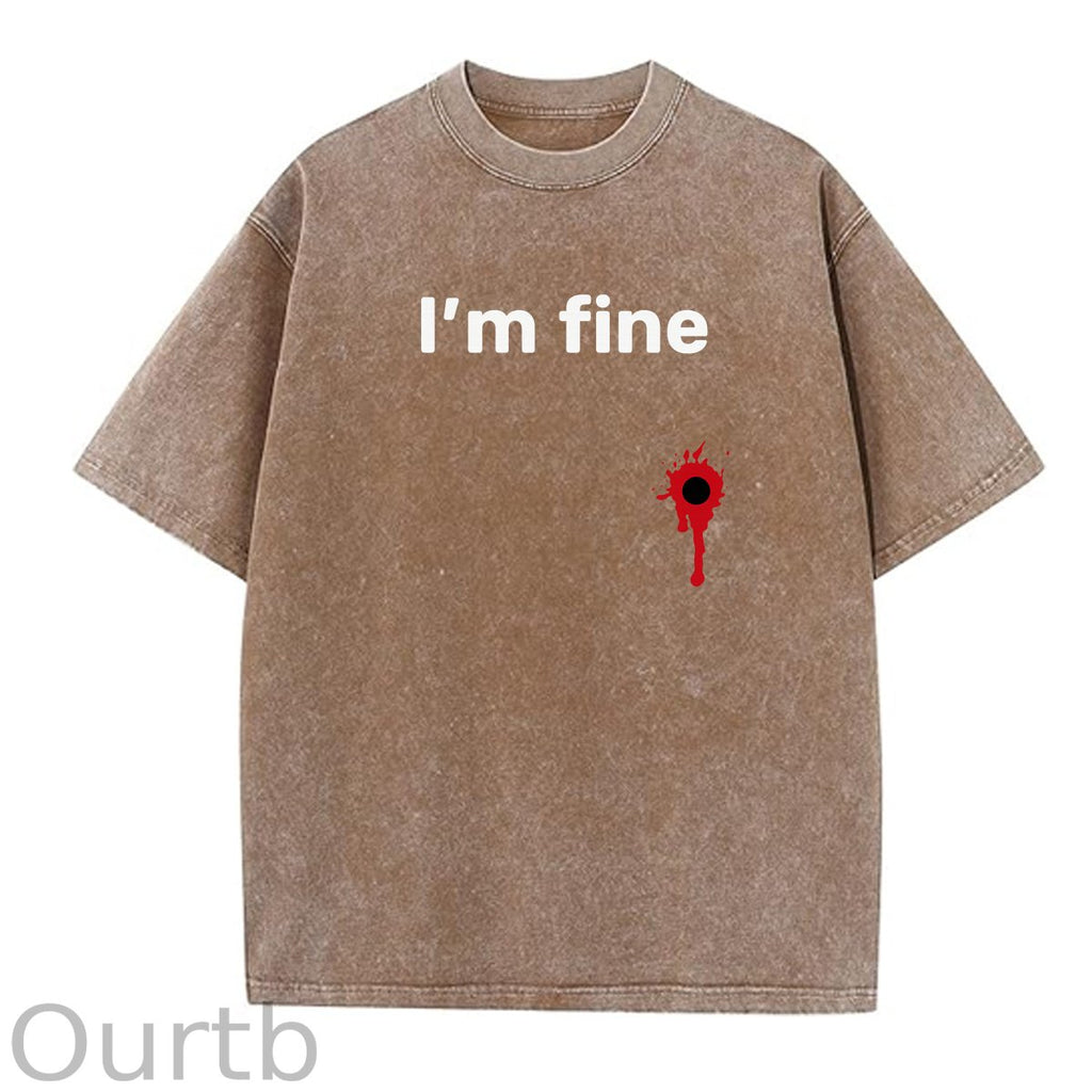 I'm Fine Pattern Washing And Aging Process Crew Neck T-Shirt