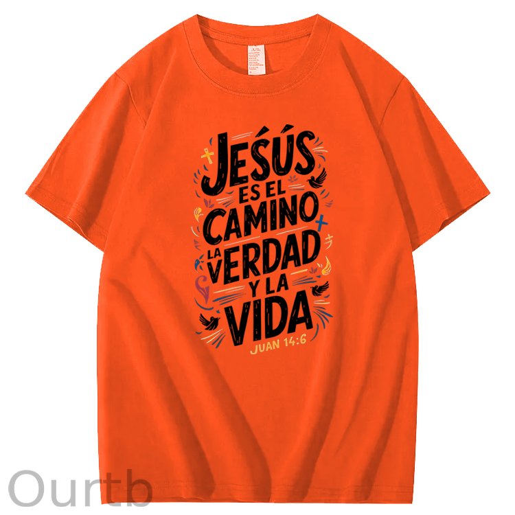 Men'S Casual Summer T-Shirt - Trendy Graphic Print, Round Neck, Machine Washable - White with Inspirational Spanish Quote "JESUS CAMINO Y VIDA", Every funny tshirt short sleeve shirt oversized tshirt