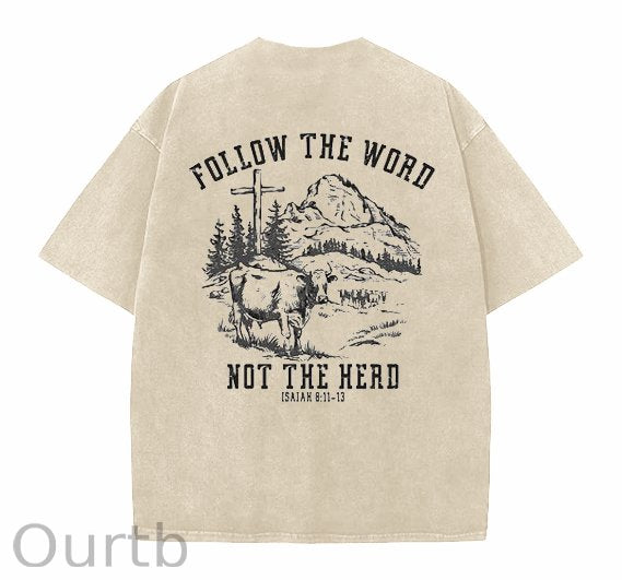 Follow The Word Not The Hero Easter Jesus Christ  faith And God Washed And Distressed Craft Pint Pattern Crew Neck T-Shirt