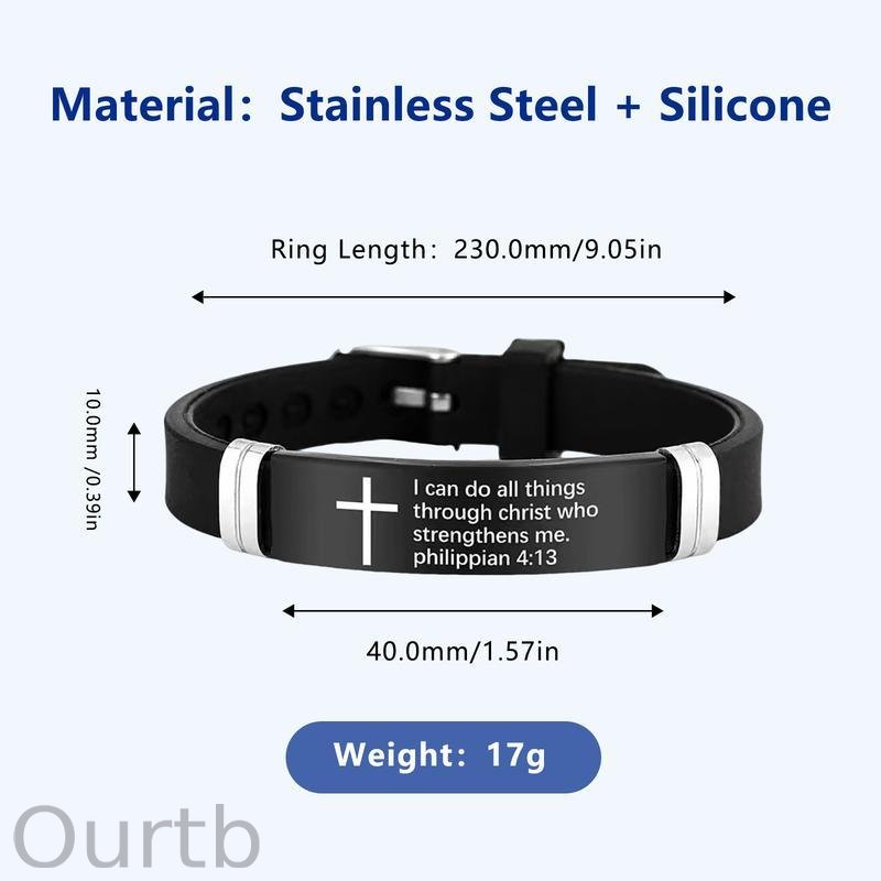 Cross Bracelet Inspirational Bible Quotes Faith Christian Silicone ID Wristband Religious Gift Men and Women Stainless Steel Rubber Adjustable Bracelet