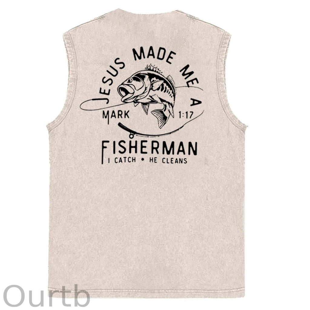 Jesus Made Me A Fisherman  Pattern Sleeveless Cotton Washed Printed Loose Vest