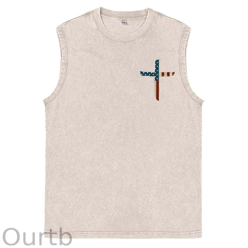 Stand For The Flag Kneel For The Cross 4th Of July Print Washed Cotton Sleeveless Tank Tops