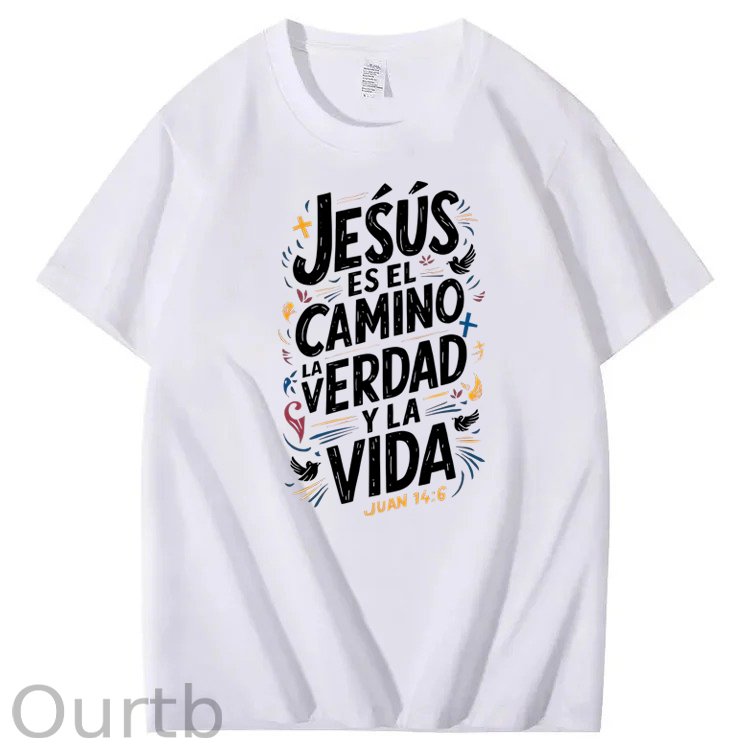 Men'S Casual Summer T-Shirt - Trendy Graphic Print, Round Neck, Machine Washable - White with Inspirational Spanish Quote "JESUS CAMINO Y VIDA", Every funny tshirt short sleeve shirt oversized tshirt