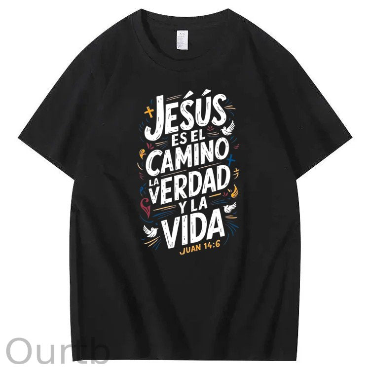 Men'S Casual Summer T-Shirt - Trendy Graphic Print, Round Neck, Machine Washable - White with Inspirational Spanish Quote "JESUS CAMINO Y VIDA", Every funny tshirt short sleeve shirt oversized tshirt