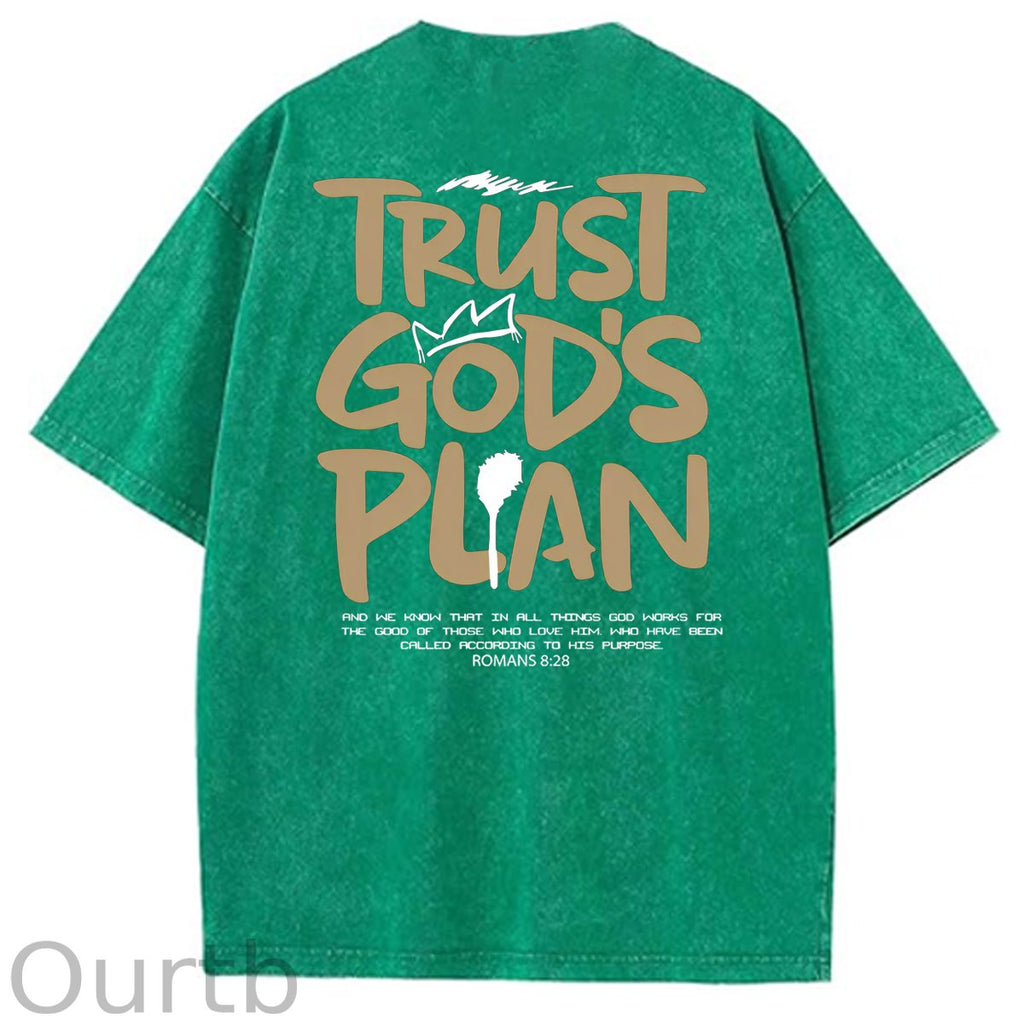 Trust God's Plan Pattern Washing And Aging Process Crew Neck T-Shirt