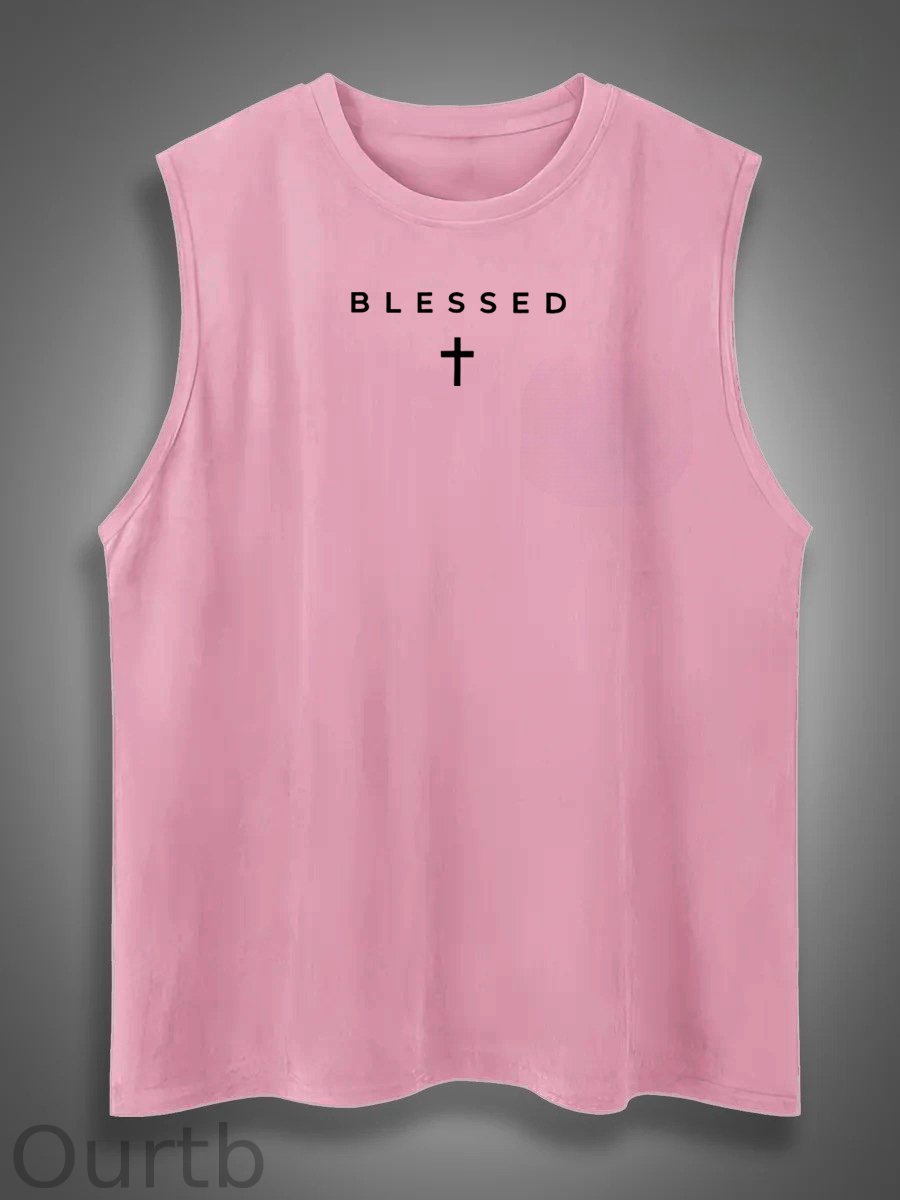 Cross Blessed Print Cotton Sleeveless Tank Tops