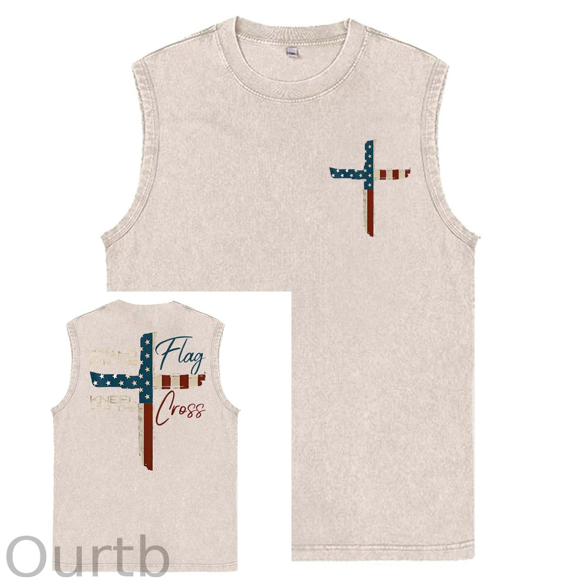 Stand For The Flag Kneel For The Cross 4th Of July Print Washed Cotton Sleeveless Tank Tops
