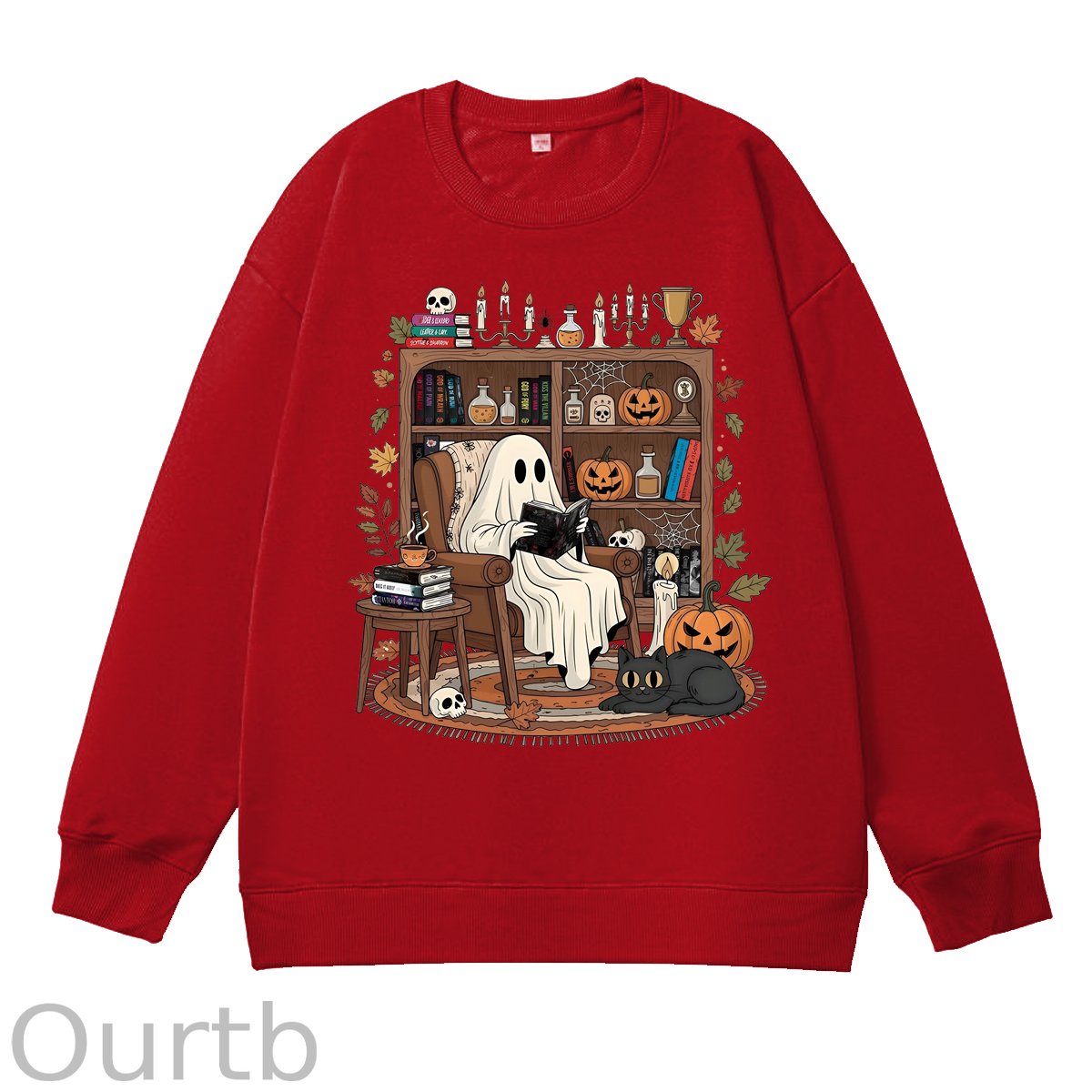 Retro Cozy Ghost Reading Halloween 100% Cotton Fall and Winter Sweatshirt