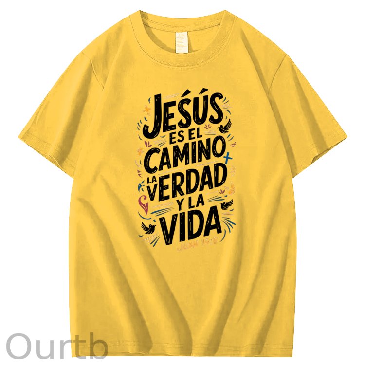 Men'S Casual Summer T-Shirt - Trendy Graphic Print, Round Neck, Machine Washable - White with Inspirational Spanish Quote "JESUS CAMINO Y VIDA", Every funny tshirt short sleeve shirt oversized tshirt