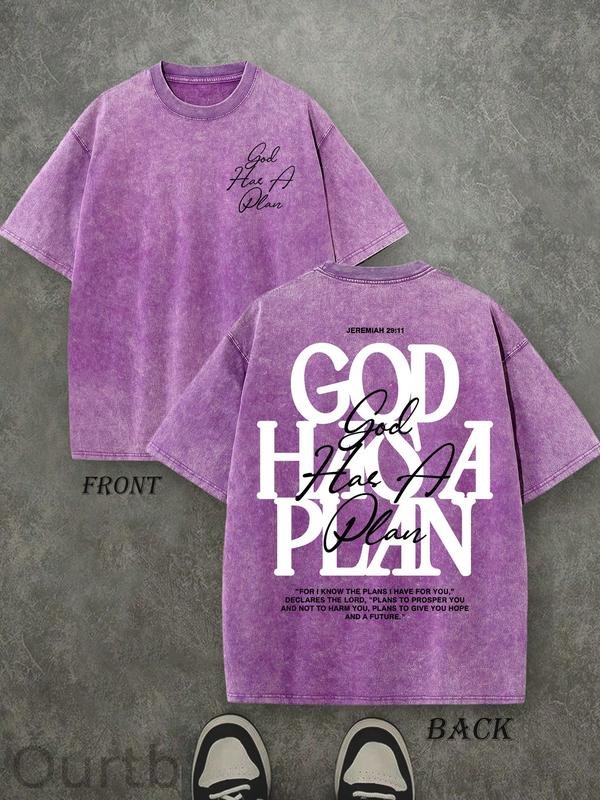 Retro Washed T-Shirt Double Sided Printed 'GOD HAS A PLAN' Letter Print Men's Casual ComfortableFashionable Street Style Cotton