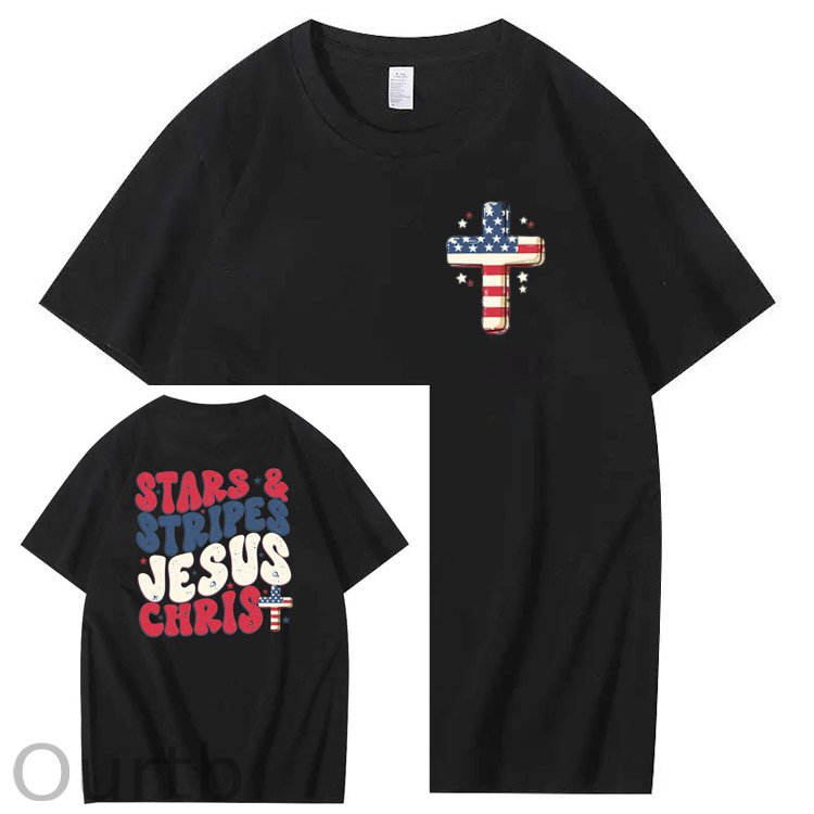 Independence Day Stars&Stripes Jesus Chirs Pattern Print T-Shirt
